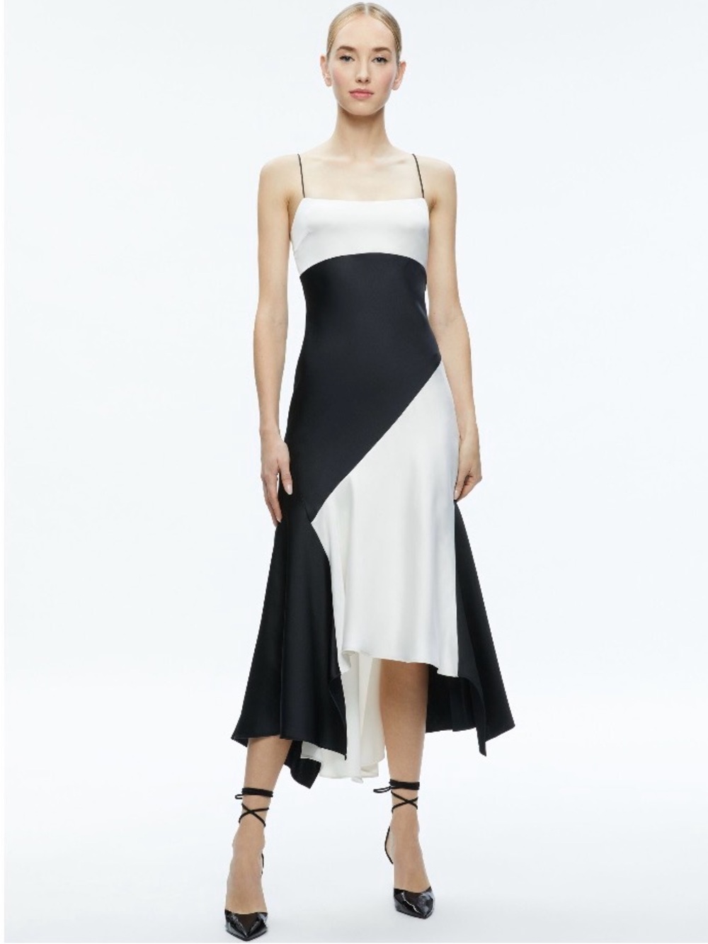 Alice + Olivia Rosa Satin Black White Asymmetric Slip Midi Dress Size 4 [TE]